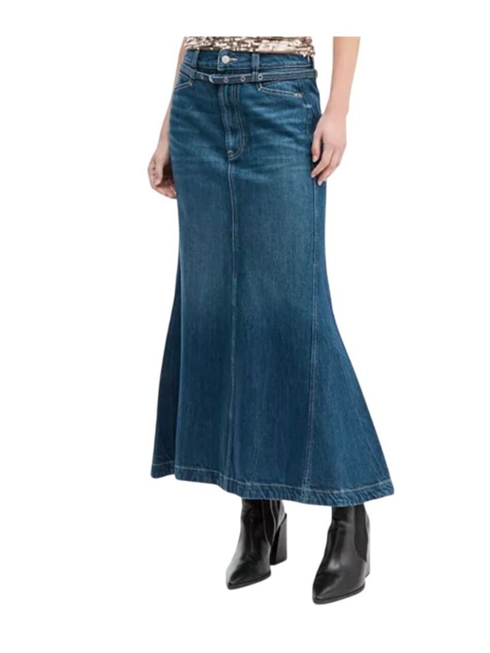 NWT Boss Orange Flared Denim Peplum Maxi Skirt Size 28 MSRP $149